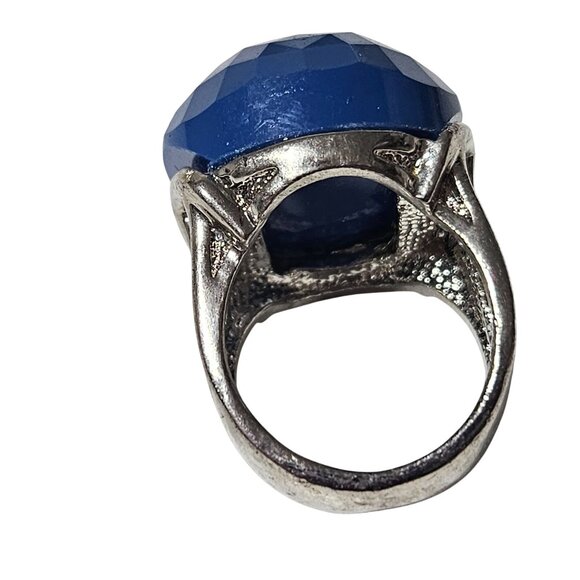 Elegant Blue Faceted Gemstone Silver Tone Chunky Dome Ring Open Band Jewelry - Picture 4 of 5
